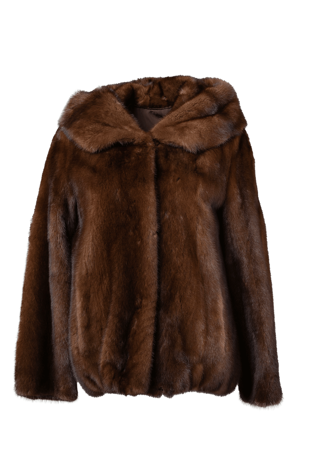 Mahogany Hooded Mink Fur Bomber Jacket  on ghost mannequin Mahogany Hooded Mink Fur Bomber Jacket  on ghost mannequin