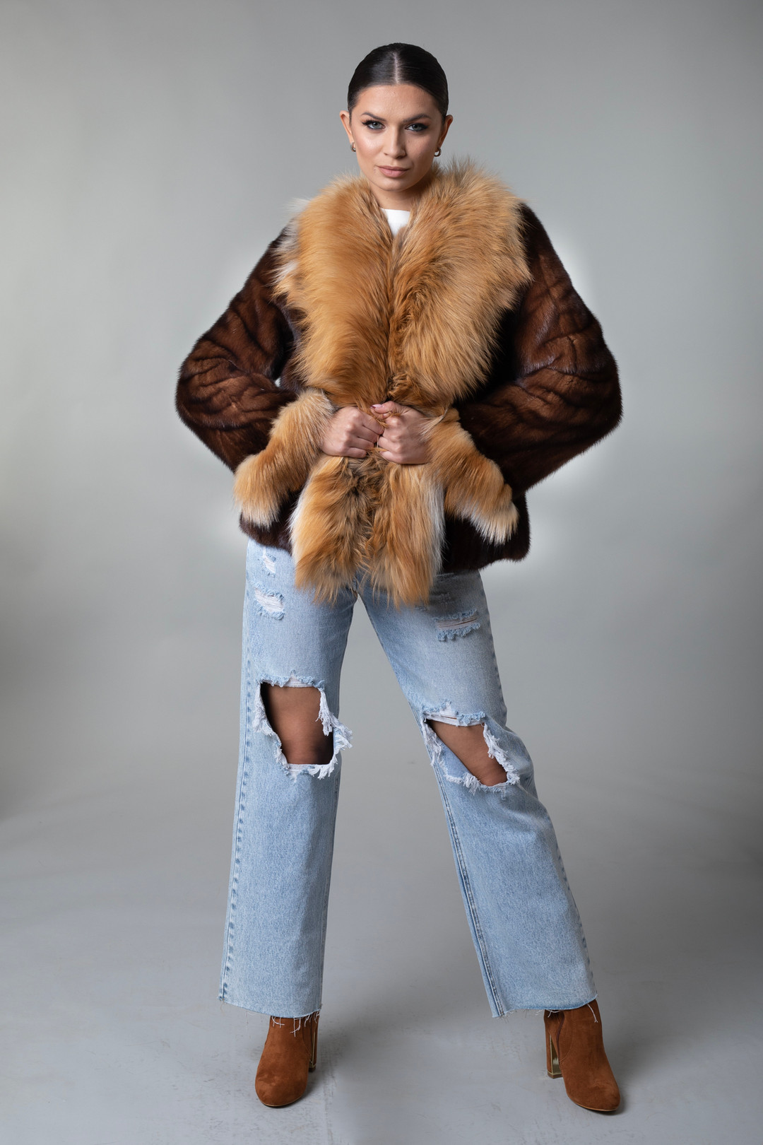 Mahogany Mink Fur Jacket Fox Collar & Cuffs Mahogany Mink Fur Jacket Fox Collar & Cuffs