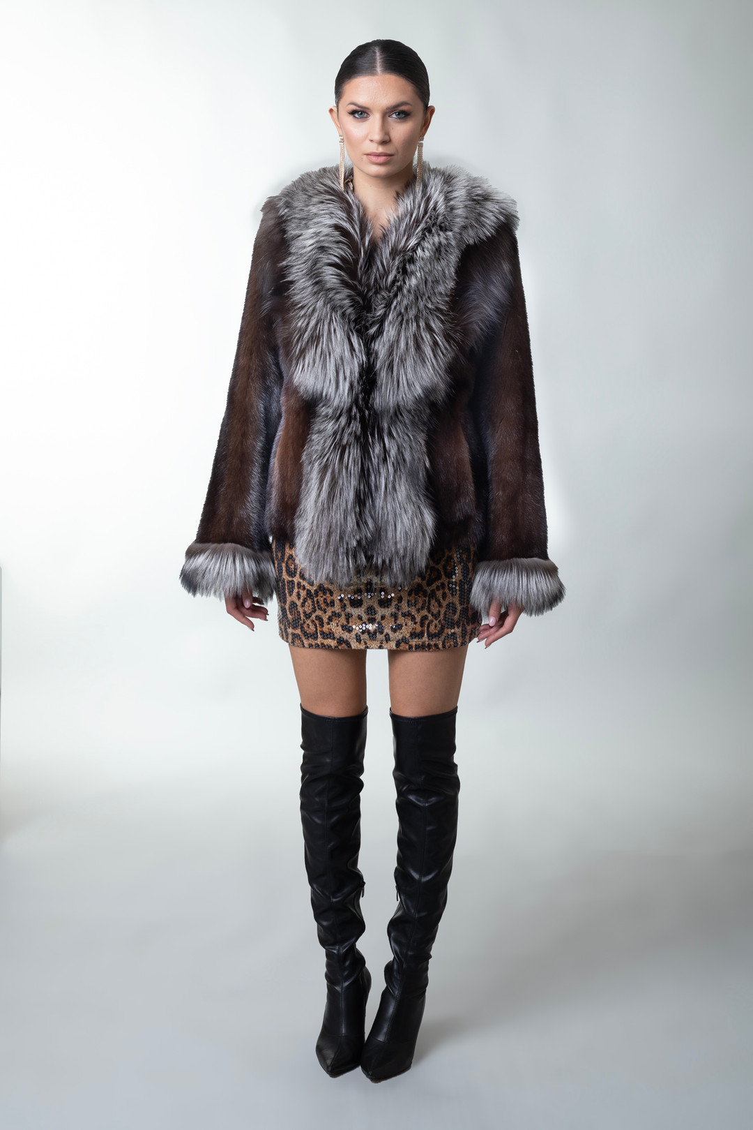 Mahogany Mink Fur Jacket Silver Fox Collar & Cuffs