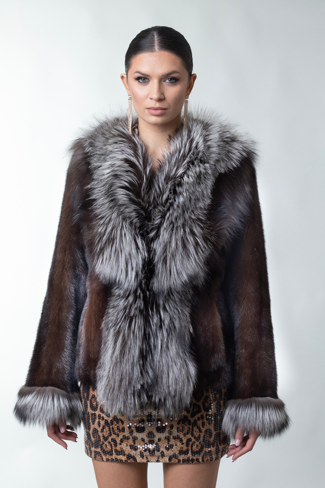 Mahogany Mink Fur Jacket Silver Fox Collar & Cuffs | SKANDINAVIK FUR