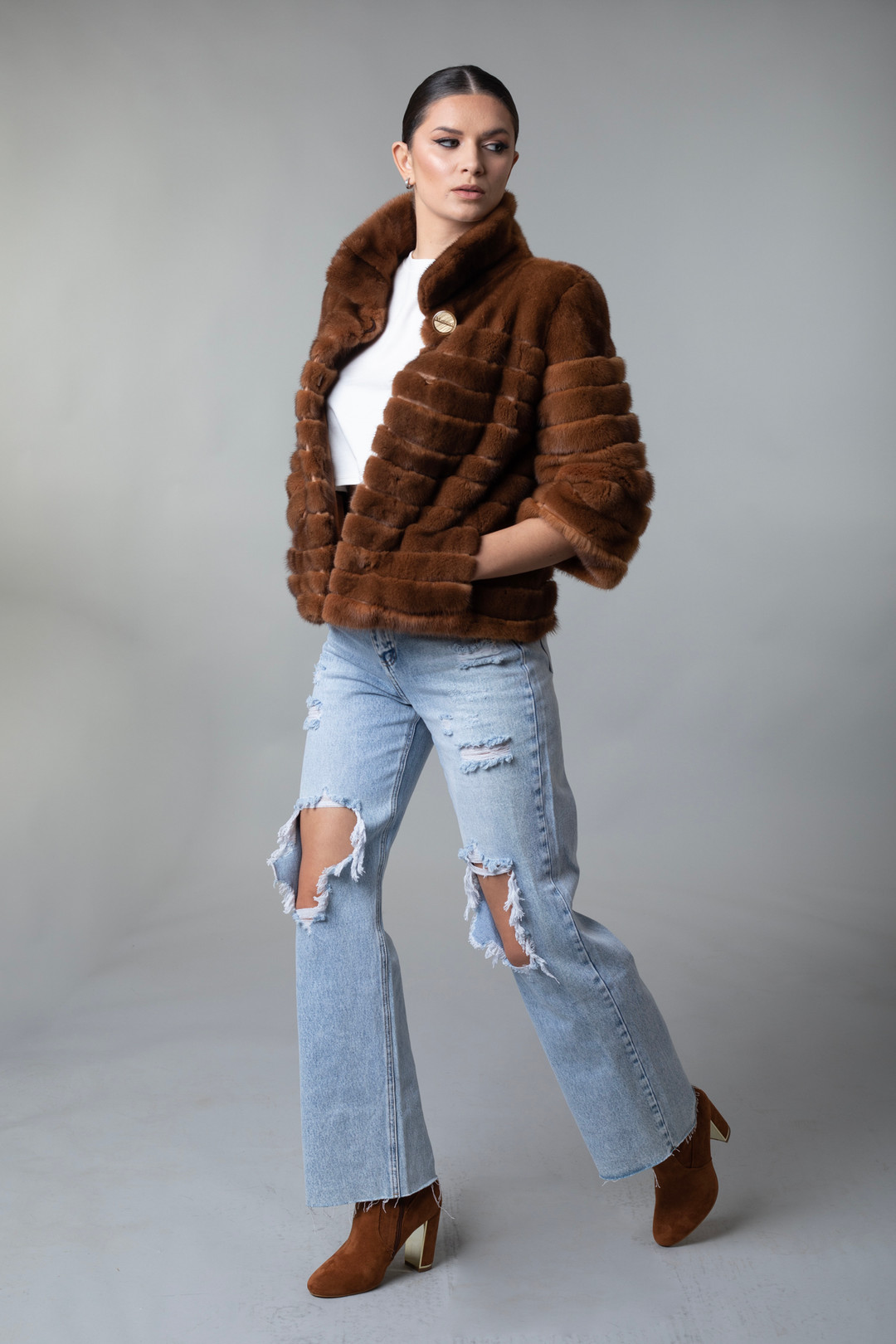 Brown Mink Fur Jacket Cropped Sleeves