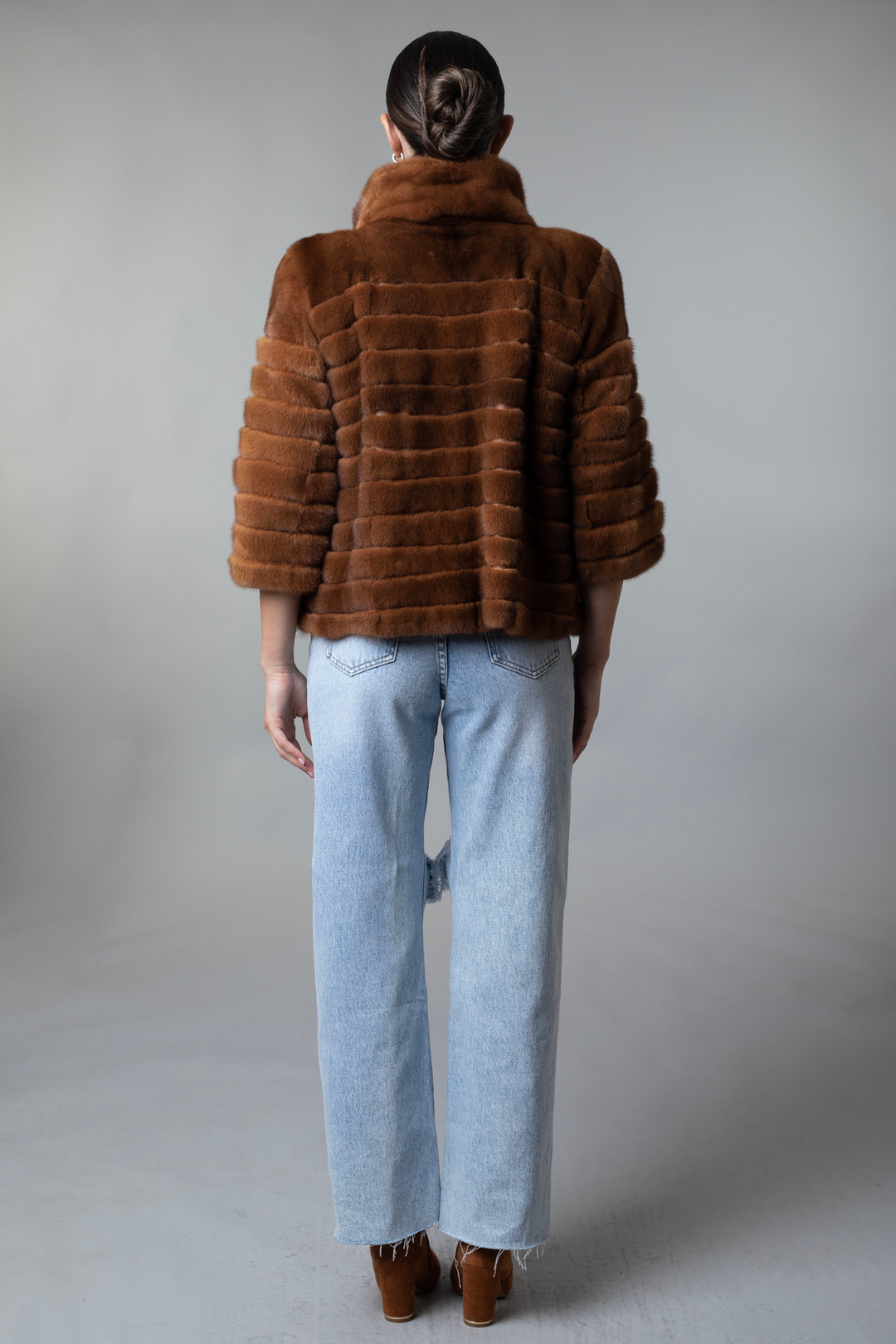 Brown Mink Fur Jacket Cropped Sleeves Stand Up Collar rear view