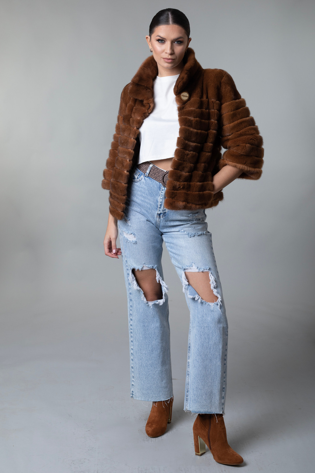 Brown Mink Fur Jacket Cropped Sleeves