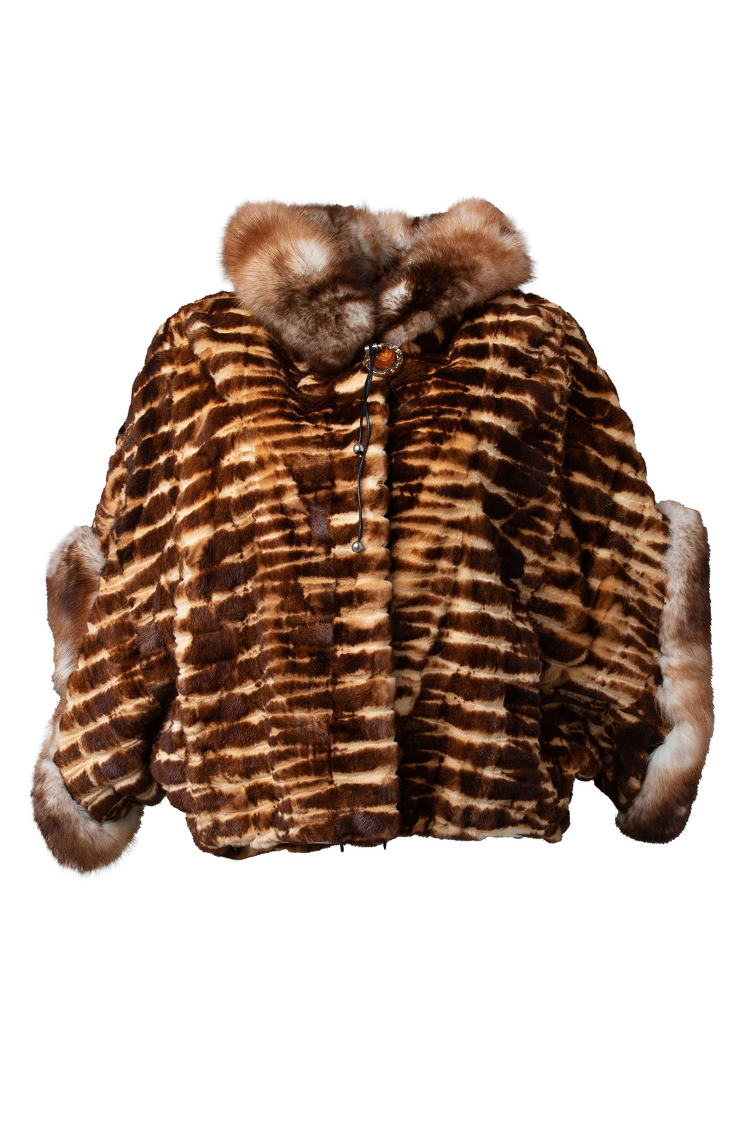 Hooded Brown Sculpted Mink Fur Cape Stone Marten Trim drawstrings