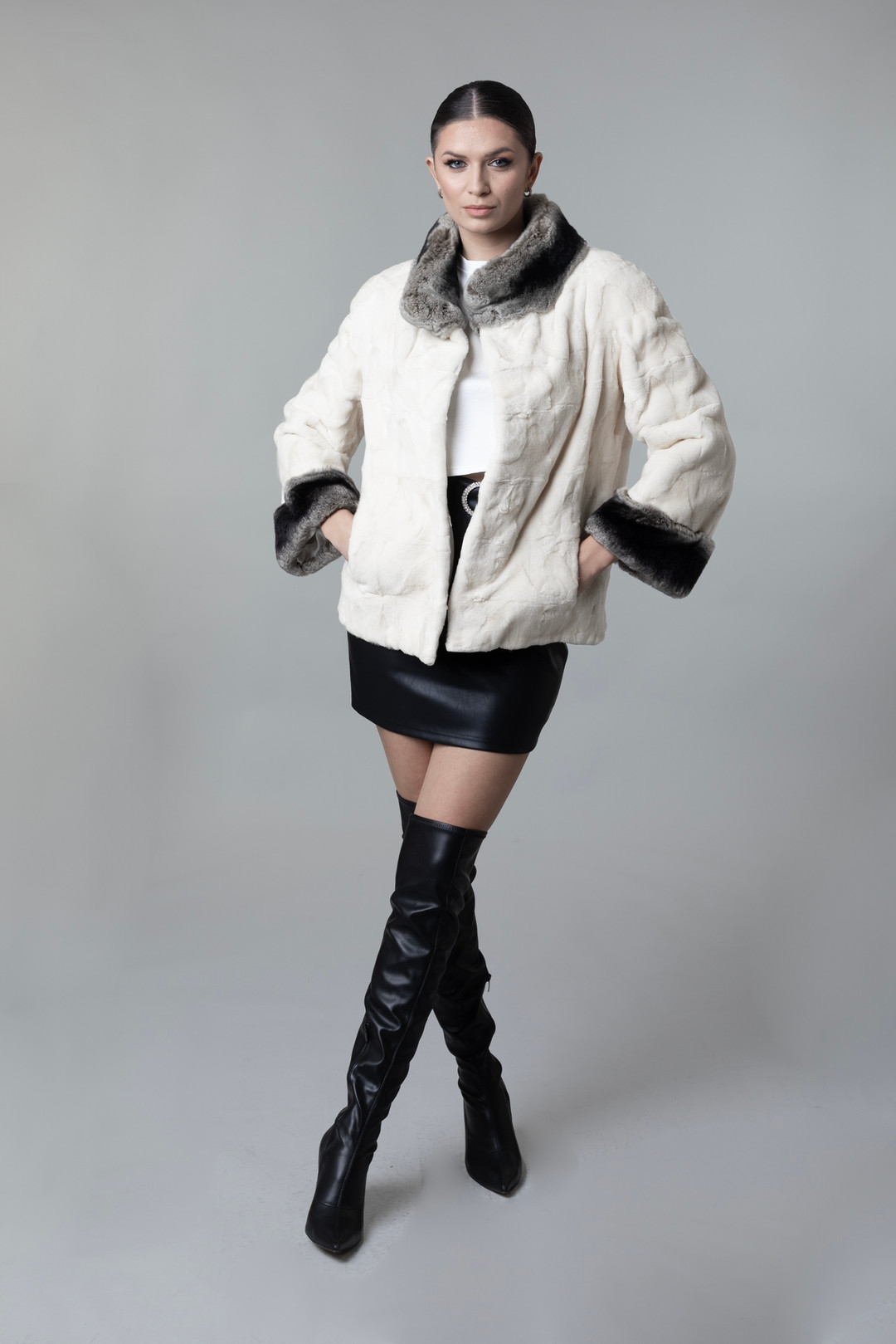 short White mink fur jacket  rex chinchilla collar and cuffs  on model  profile view