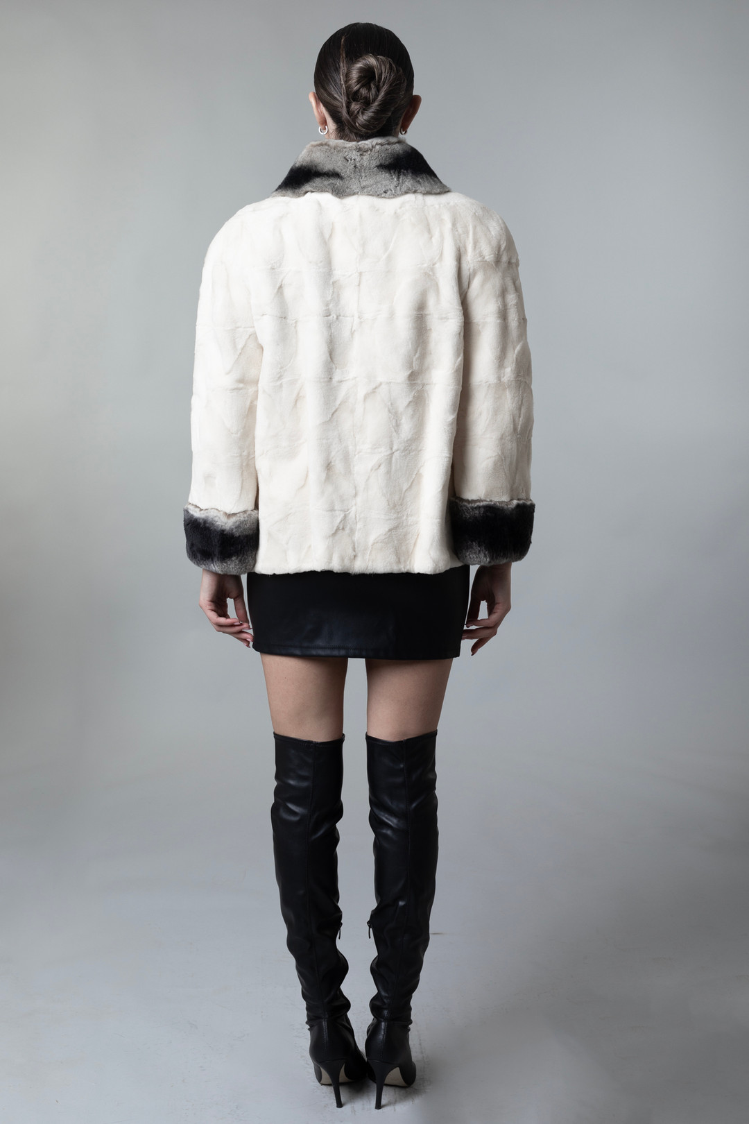 short White mink fur jacket  rex chinchilla collar and cuffs  on model  rear view