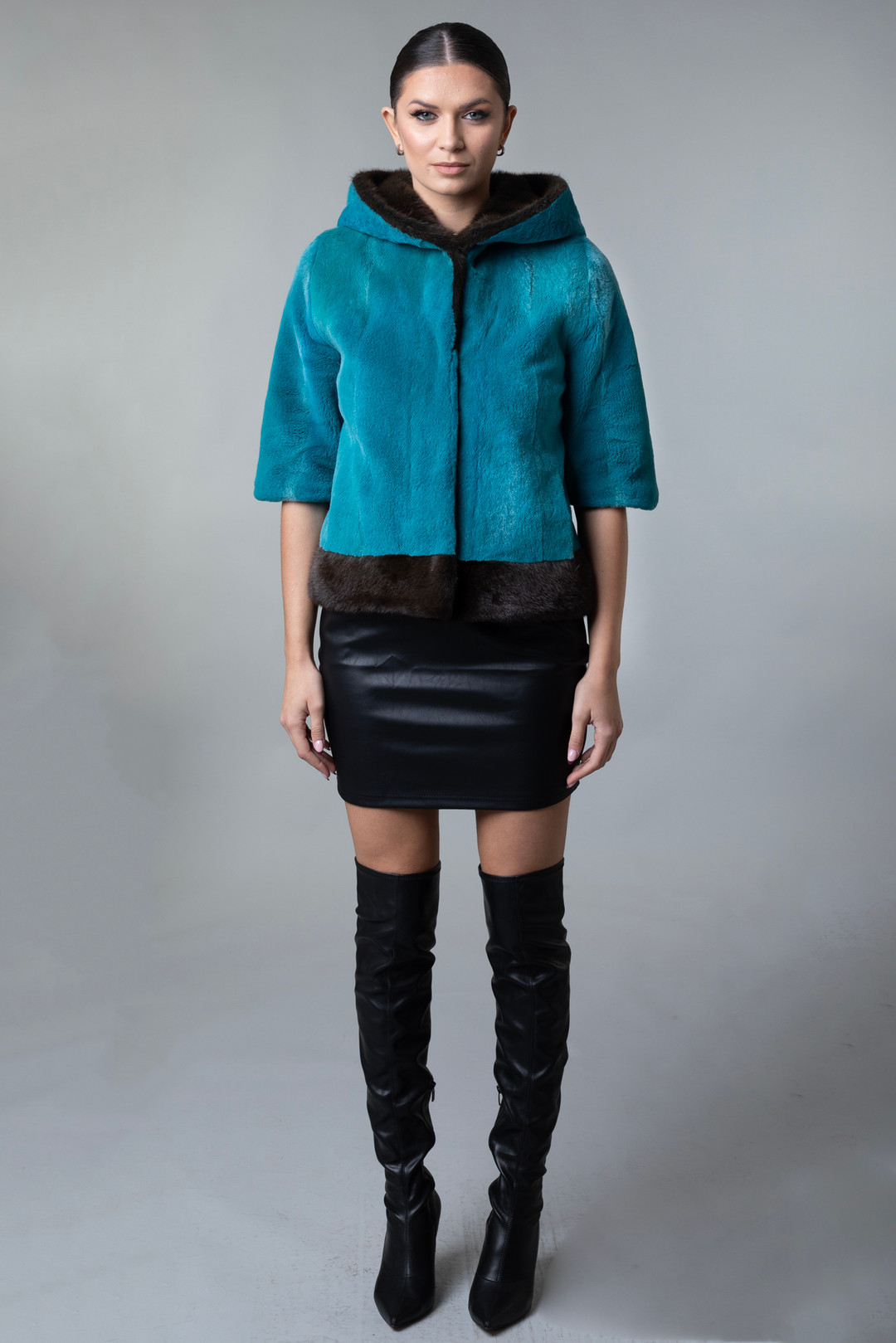 Short Hooded Turqoise Black  Mink Jacket Cropped Sleeves on model front view Short Hooded Turqoise Black  Mink Jacket Cropped Sleeves on model front view