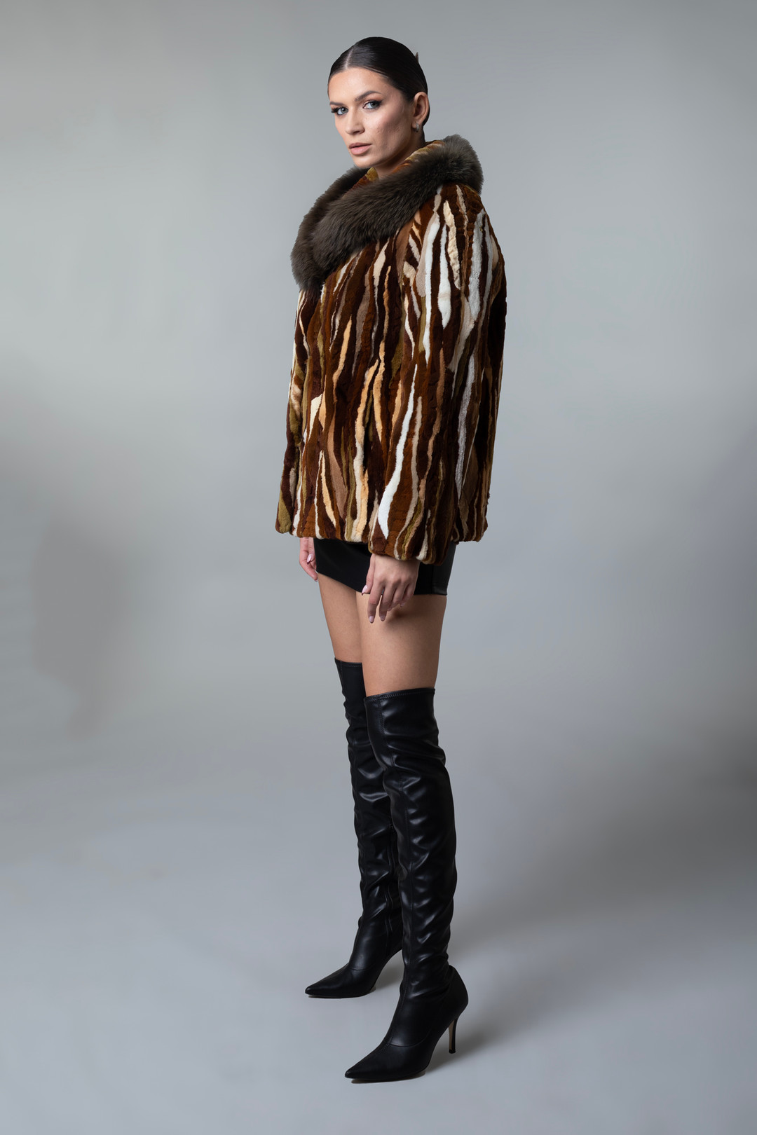 Mink Jacket Fox Fur  Shawl Collar Multicolor Chevron  profileview Mink Jacket Fox Fur  Shawl Collar Multicolor Chevron  profileview