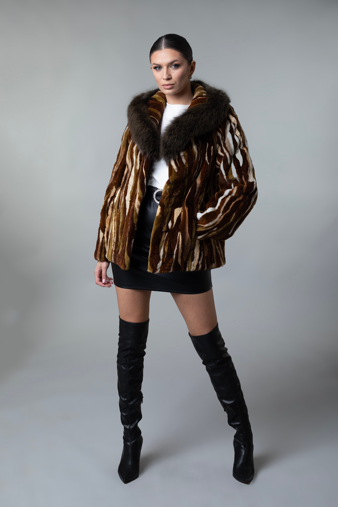 Mink Jacket Fox Fur  Shawl Collar Multicolor Chevron  outfit view Mink Jacket Fox Fur  Shawl Collar Multicolor Chevron  outfit view