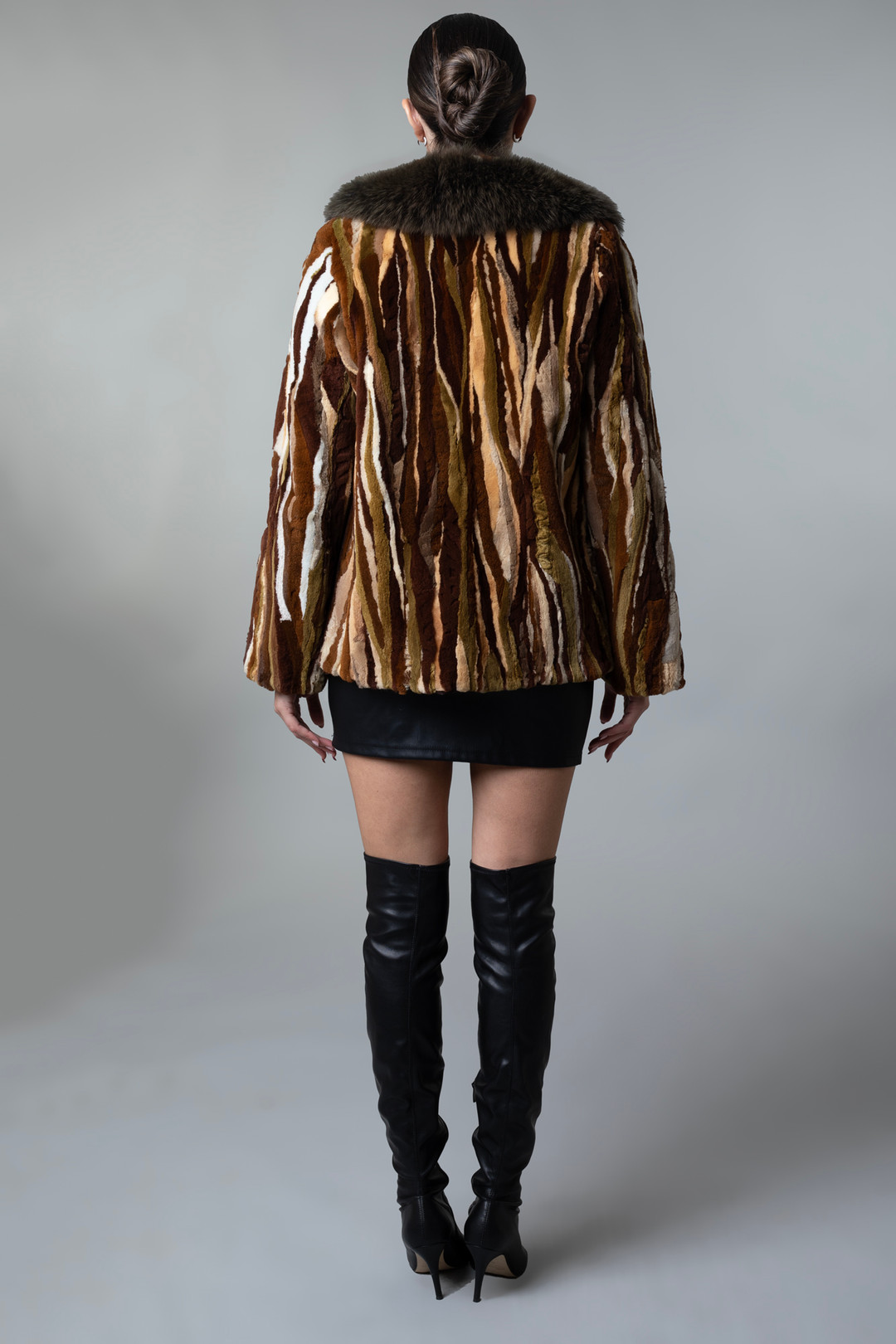 Mink Jacket Fox Fur  Shawl Collar Multicolor Chevron  on model rear view Mink Jacket Fox Fur  Shawl Collar Multicolor Chevron  on model rear view