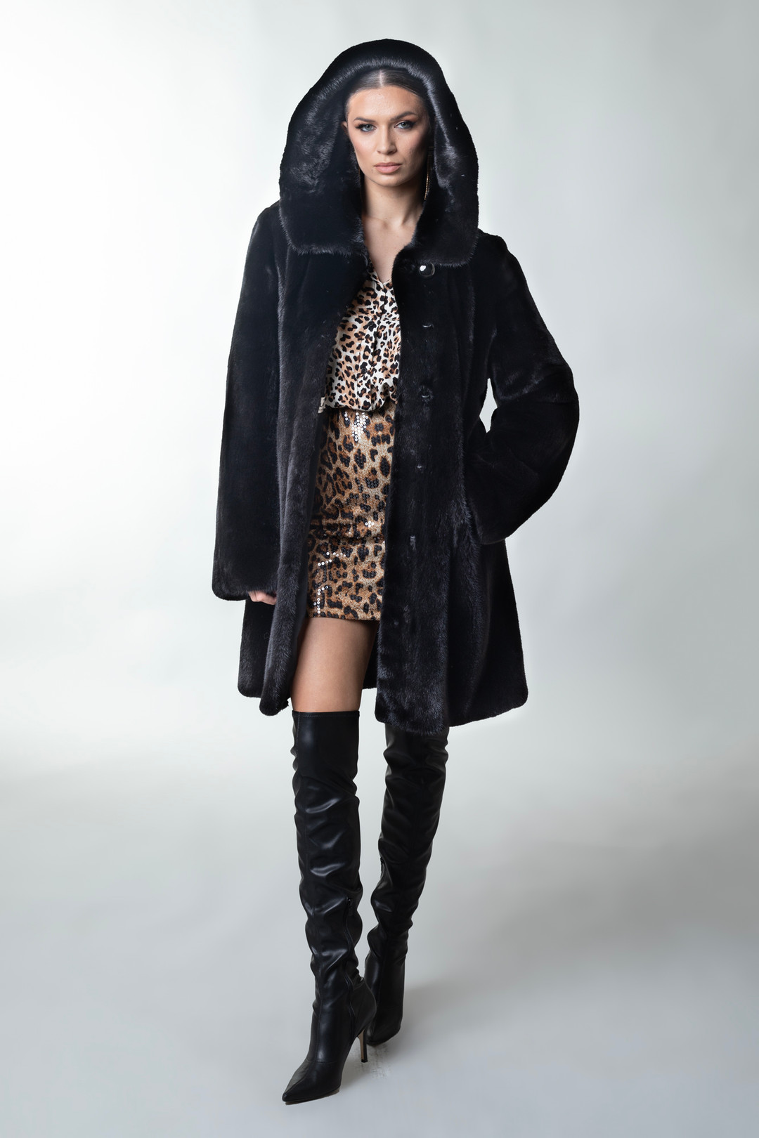 BLACK HOODED MINK FUR COAT SAGA LONG  ON MODEL OUTFIT BLACK HOODED MINK FUR COAT SAGA LONG  ON MODEL OUTFIT