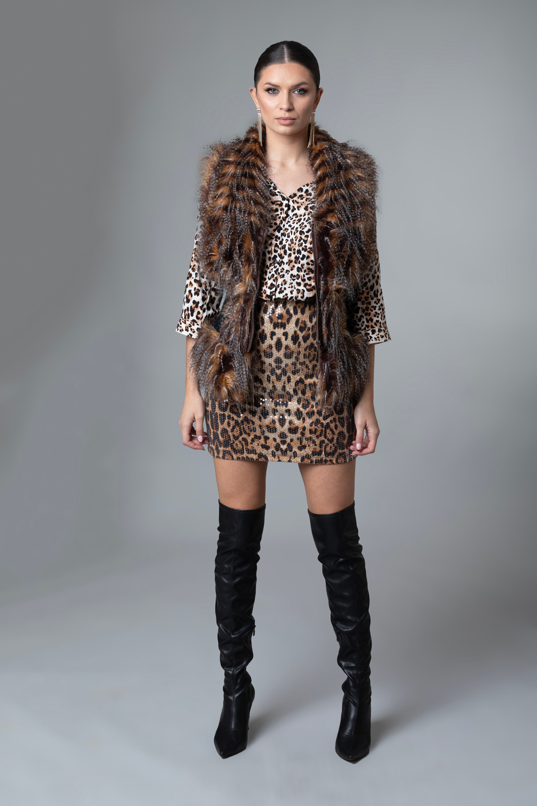 MONGOLIAN LAMB VEST BROWN ELASTIC WAIST   outfit view MONGOLIAN LAMB VEST BROWN ELASTIC WAIST   outfit view
