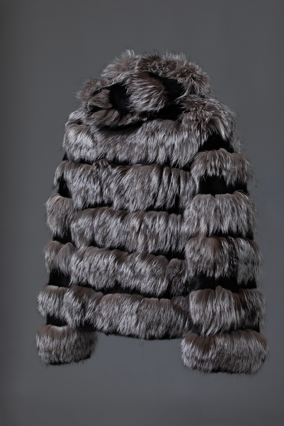 Silver Fox Fur Coat Panelled Hooded profile view Silver Fox Fur Coat Panelled Hooded profile view