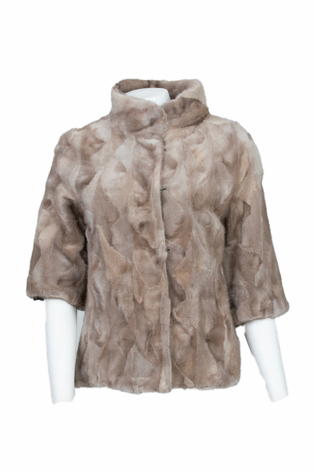 Beige Mink Jacket Fur Cropped Slleves Stand Up Collar front view