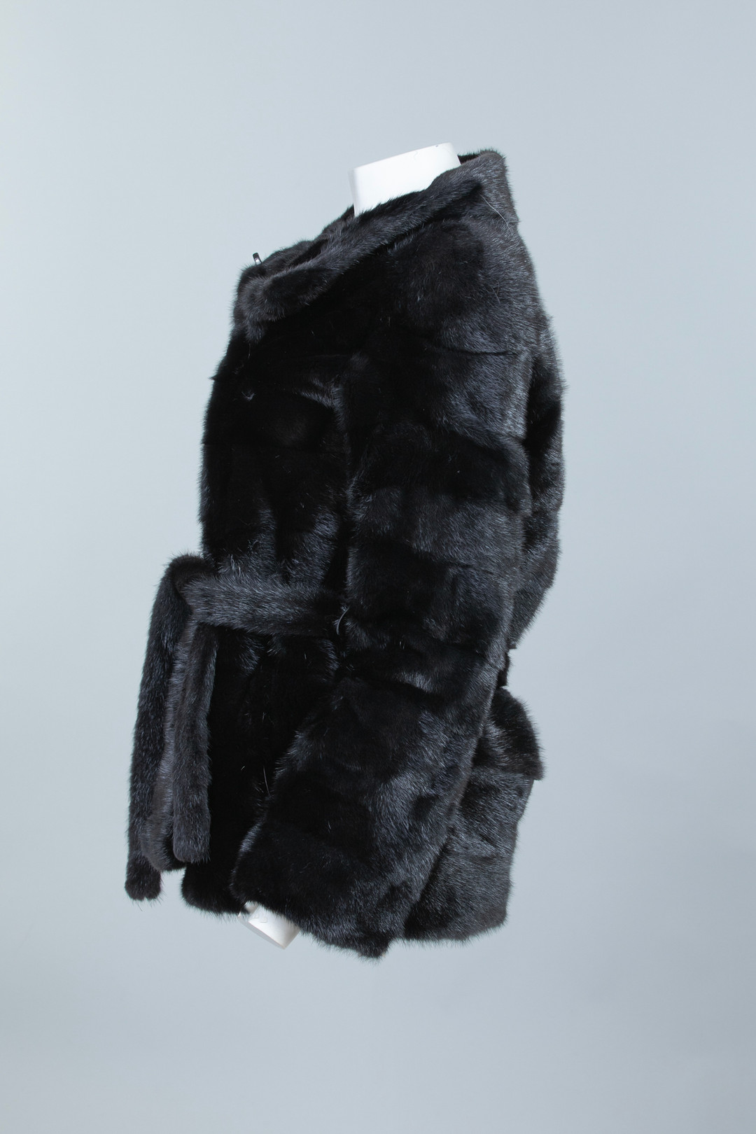 Black Hooded Mink Fur Jacket Belt side view