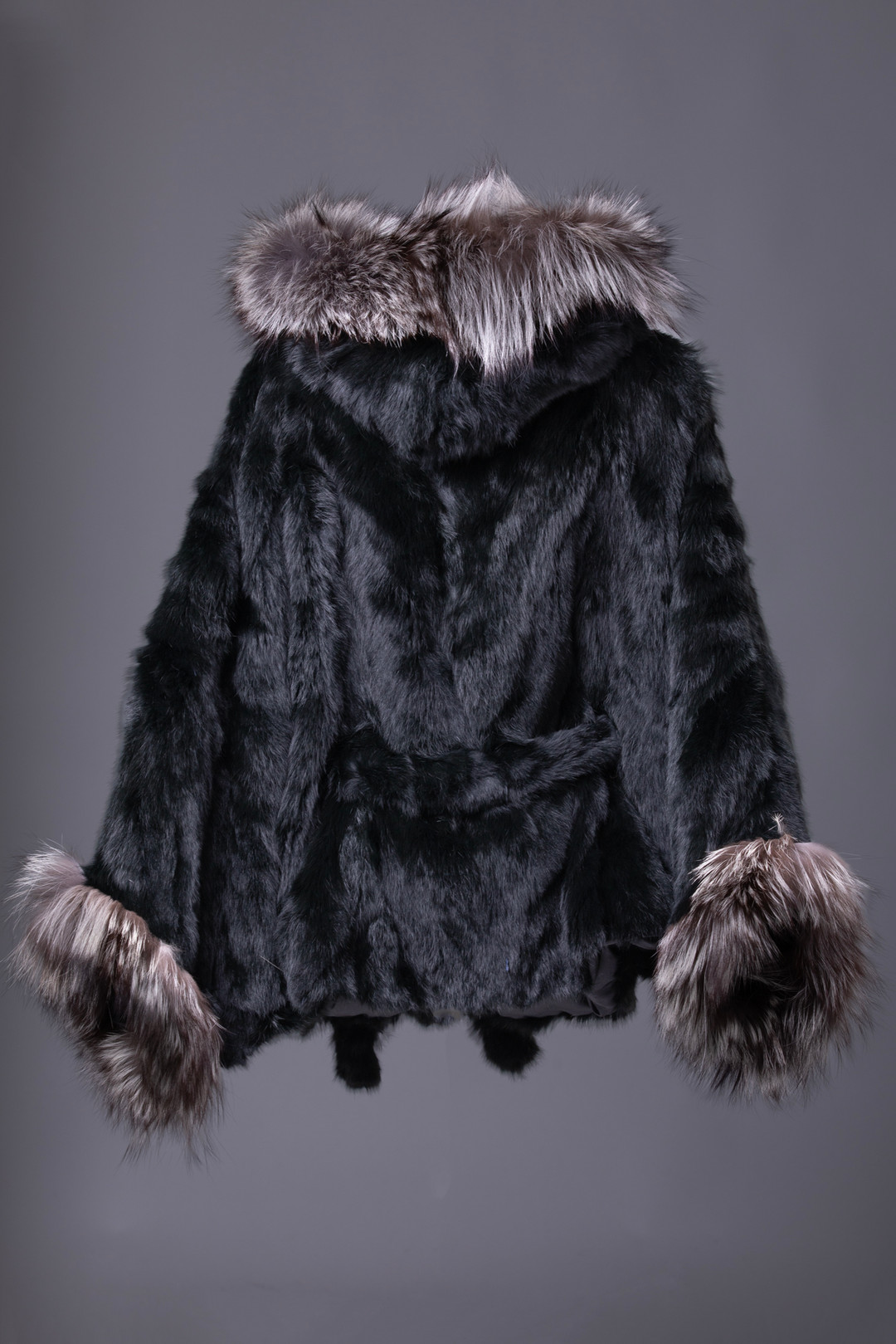 Black Rex Hooded Fur Cape Belt  SILVER FOX FUR TRIM REAR VIEW Black Rex Hooded Fur Cape Belt  SILVER FOX FUR TRIM REAR VIEW