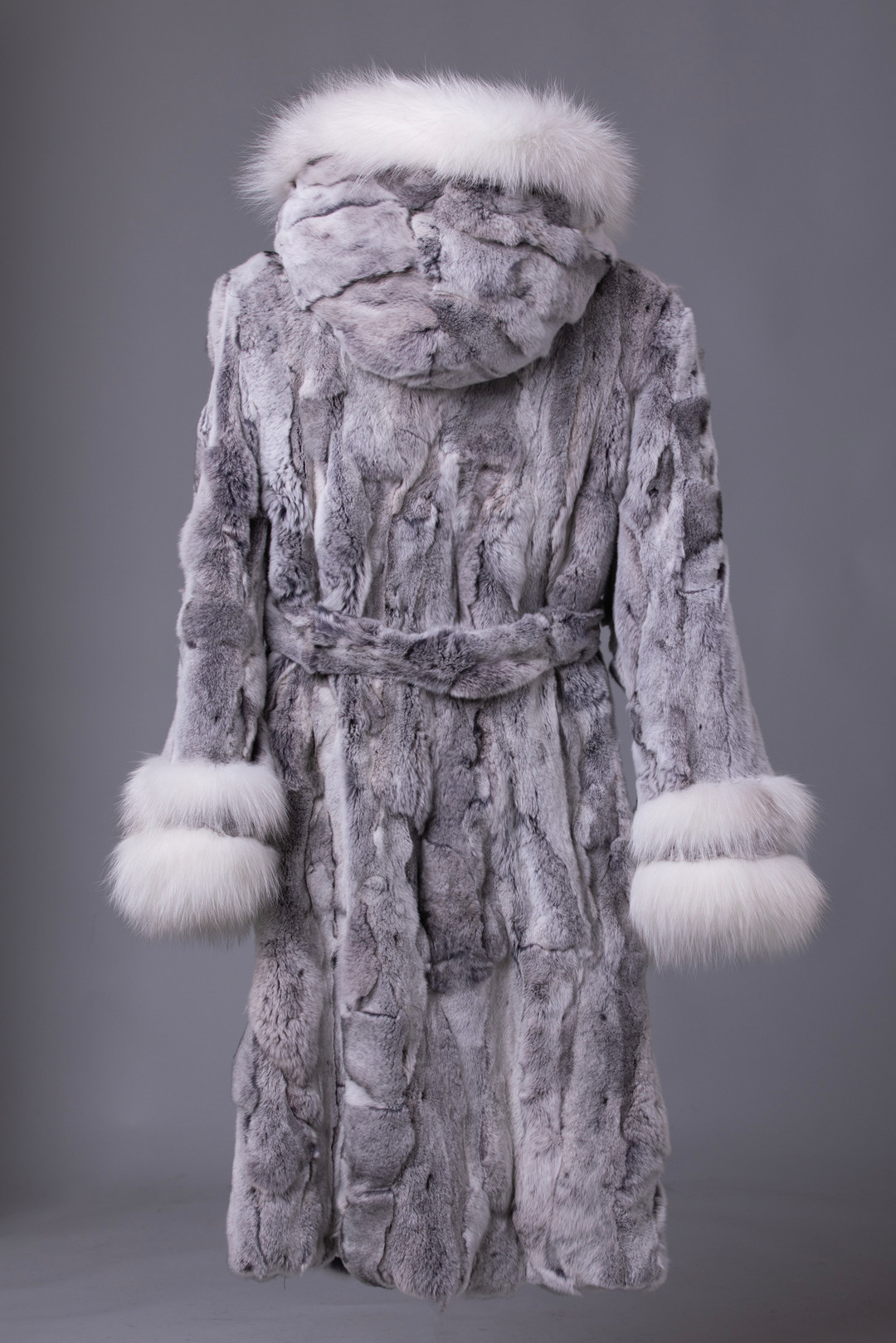 Gray Long Rex Fur Coat Hooded Fox Trim Fur Belt rear view Gray Long Rex Fur Coat Hooded Fox Trim Fur Belt rear view