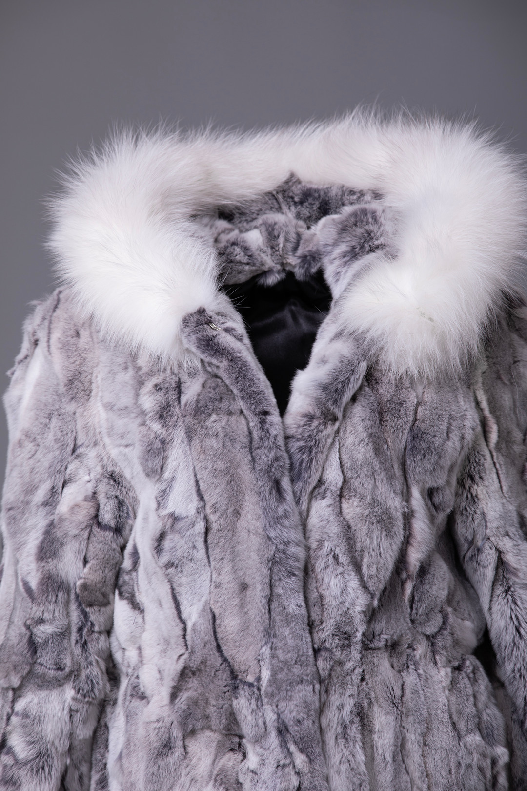 Gray Long Rex Fur Coat Hooded Fox Trim Fur Belt close up Gray Long Rex Fur Coat Hooded Fox Trim Fur Belt close up