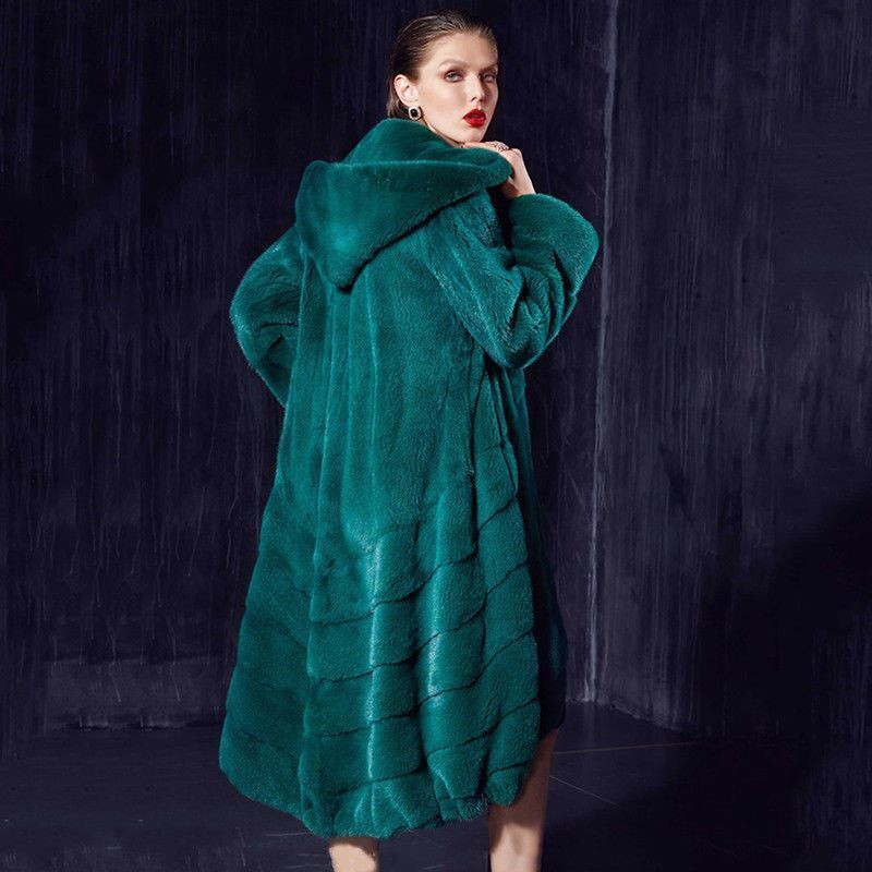 Hooded  Green Mink Saga Fur Coat Full Skin Small /Medium /LArge