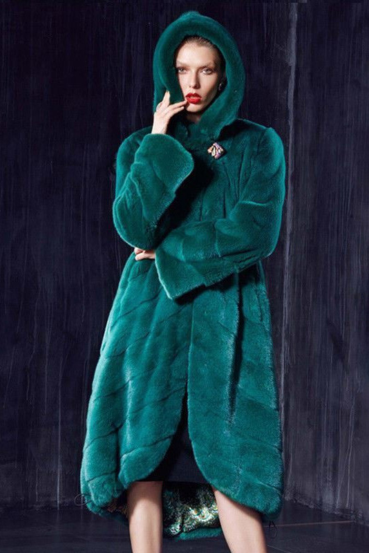 Hooded  Green Mink Saga Fur Coat Full Skin Small /Medium /LArge