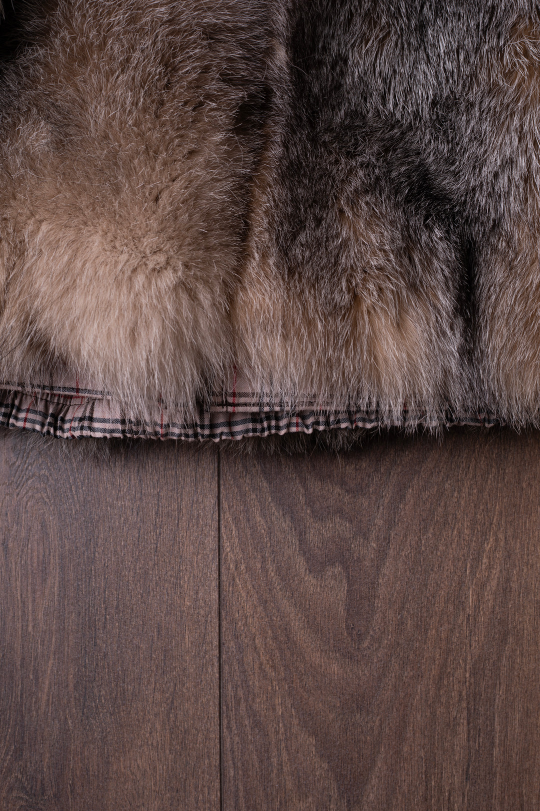 mens brown crystal fox fur hooded bomber jacket  close up view