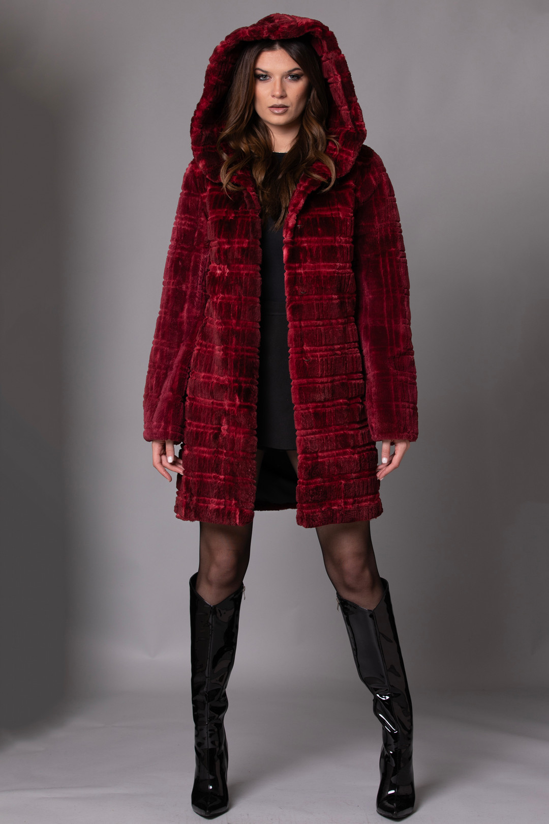 Red Sculpted Mink Coat Hooded