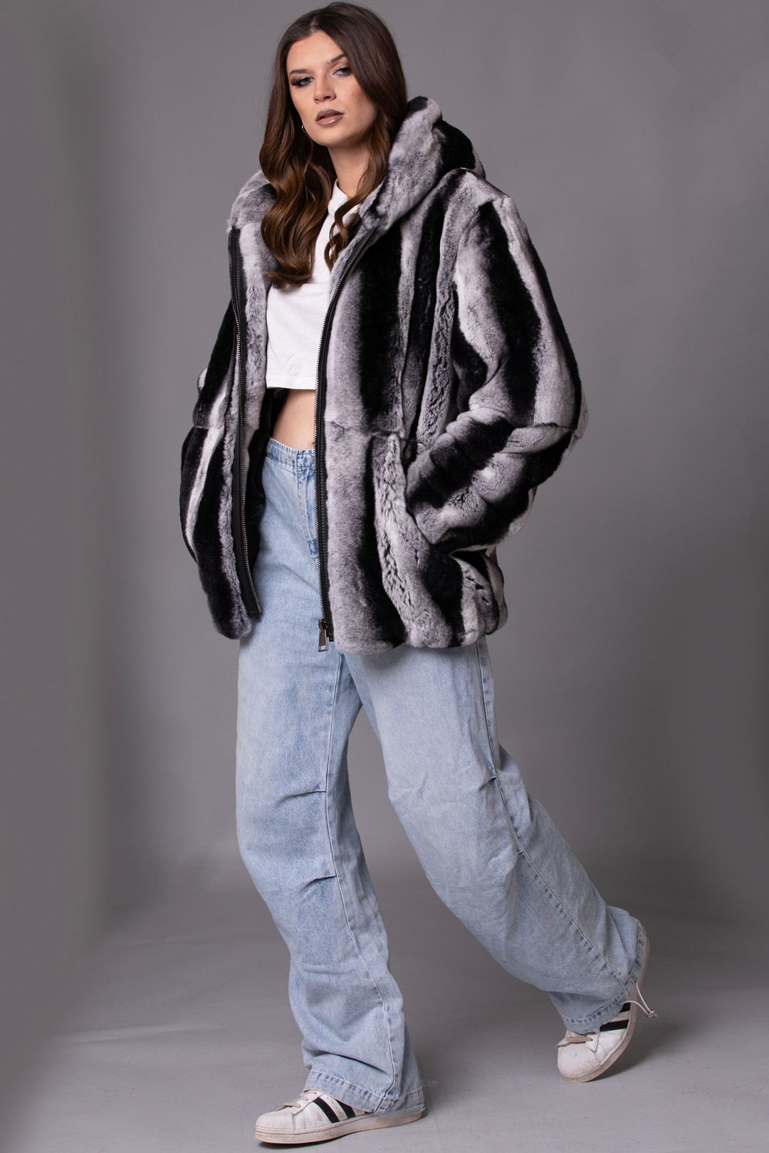 Rex Chinchilla Hooded Bomber Jacket Sizes  L-XL Rex Chinchilla Hooded Bomber Jacket Sizes  L-XL