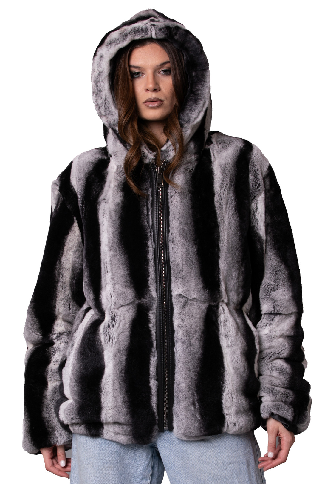 Rex Chinchilla Hooded Bomber Jacket Sizes  L-XL Rex Chinchilla Hooded Bomber Jacket Sizes  L-XL