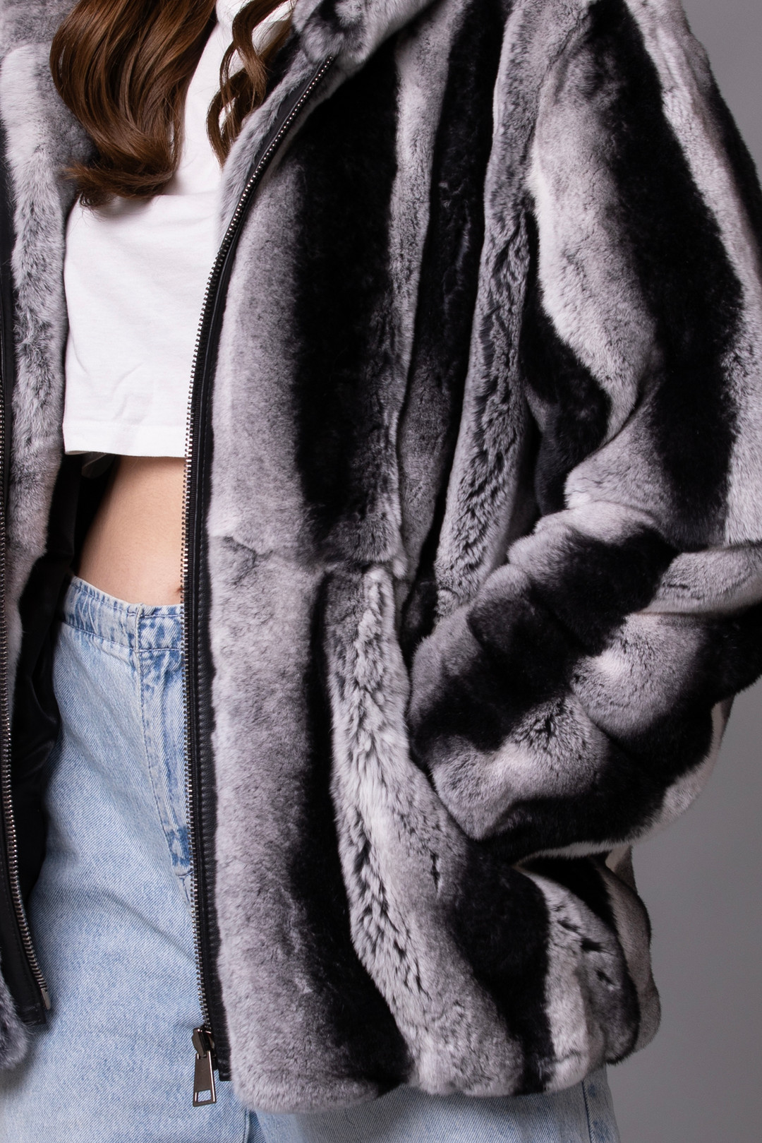 Rex Chinchilla Hooded Bomber Jacket Sizes  L-XL Rex Chinchilla Hooded Bomber Jacket Sizes  L-XL