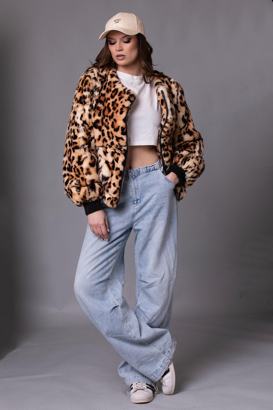 Leopard Print Rex Fur Bomber Jacket Sizes M-L