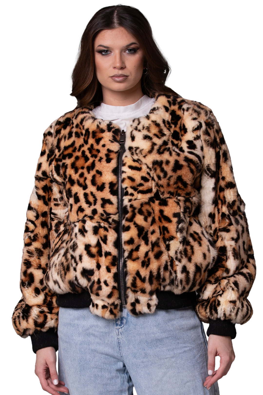 Leopard Print Rex Fur Bomber Jacket Sizes M-L