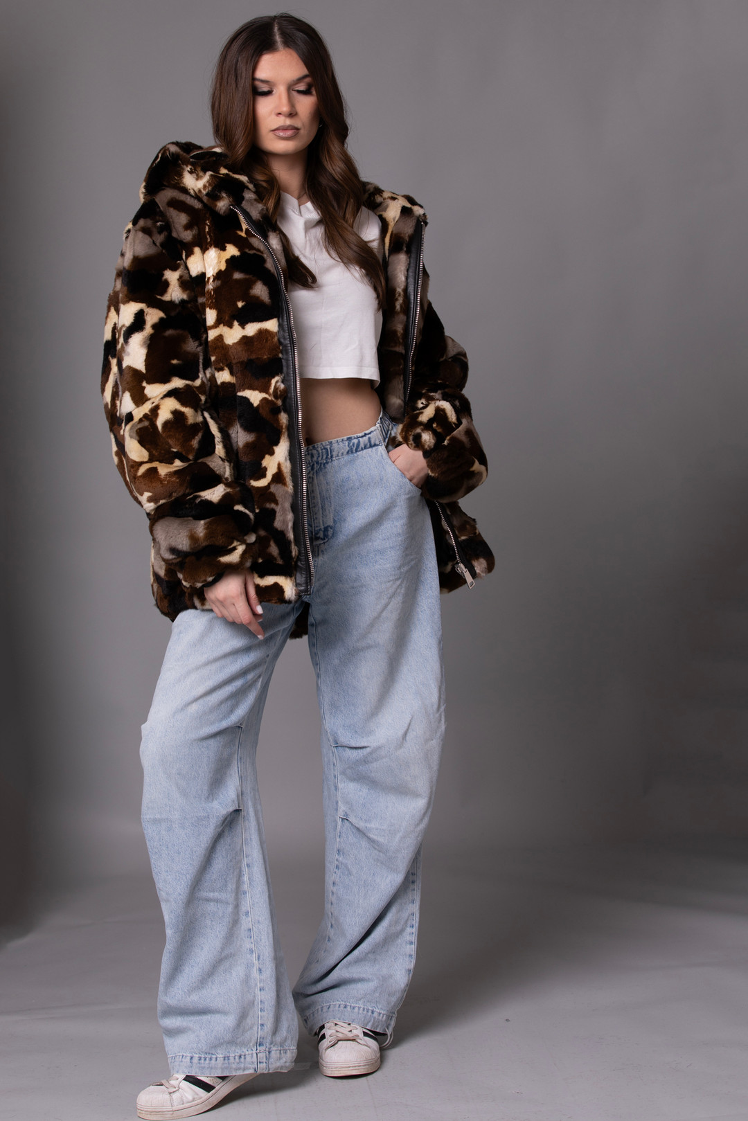 Unisex Camo Rex Fur Hooded Bomber Jacket  Sizes L-XL