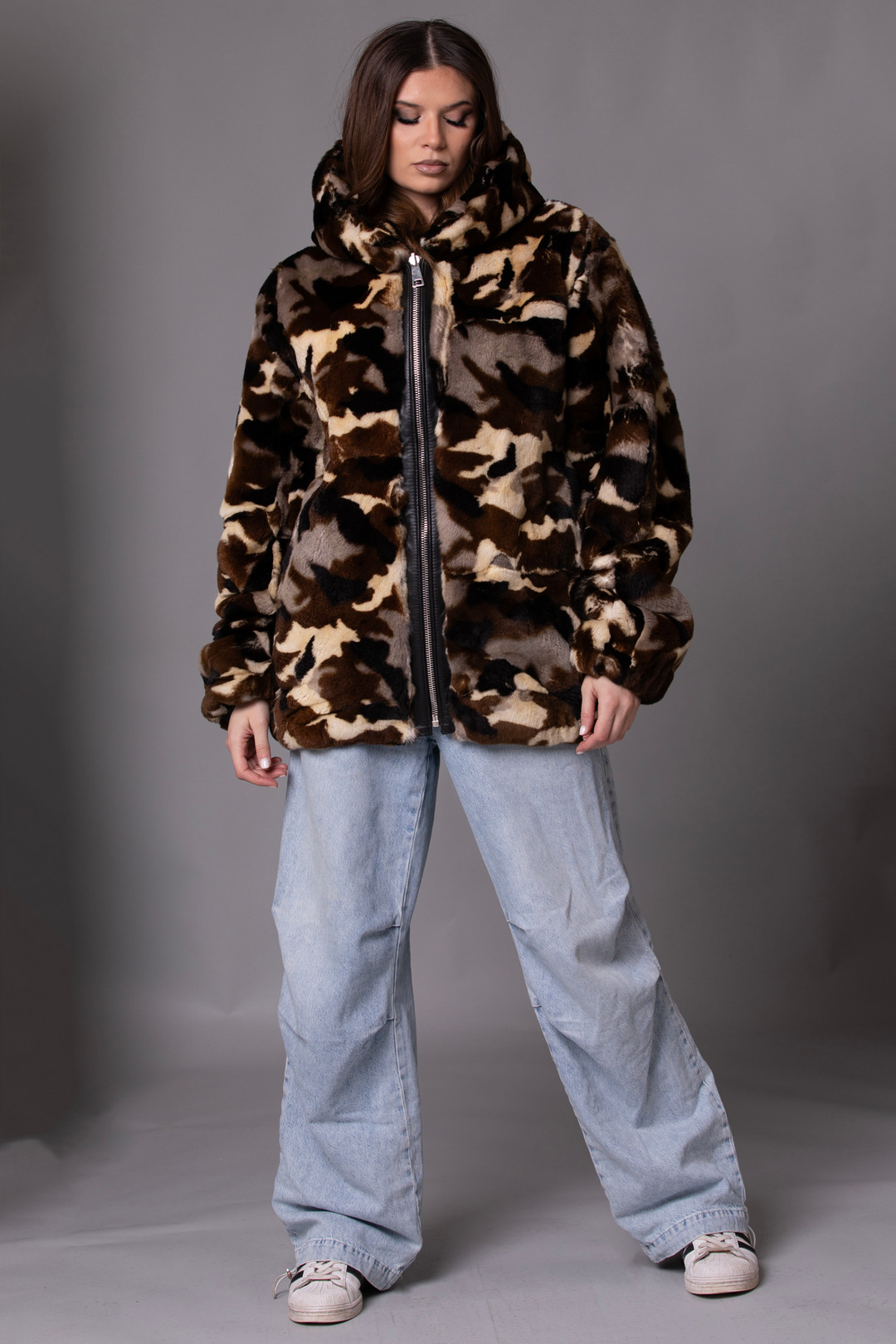 Unisex Camo Rex Fur Hooded Bomber Jacket  Sizes L-XL