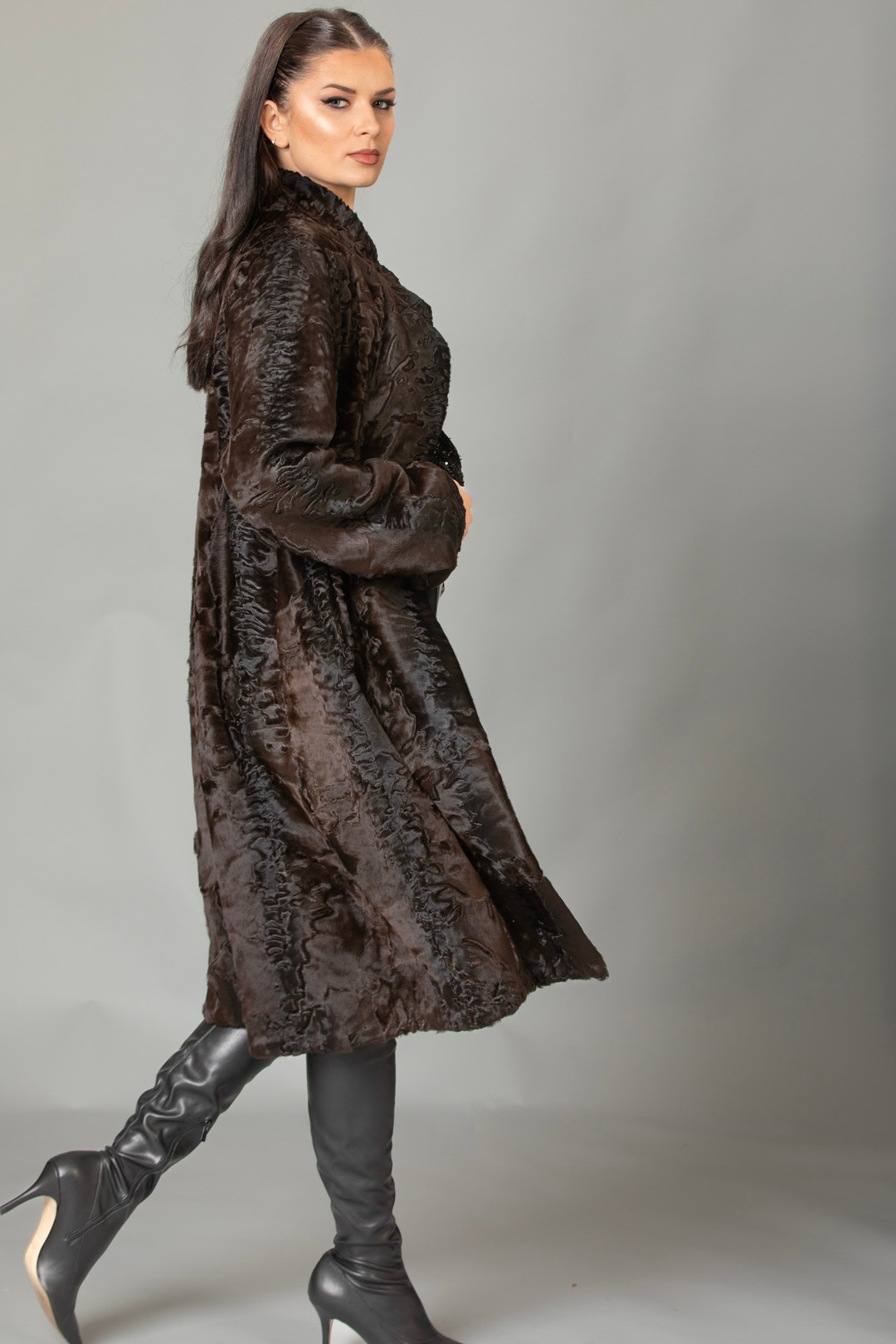 Brown Long SWAKARA Lamb Fur Coat