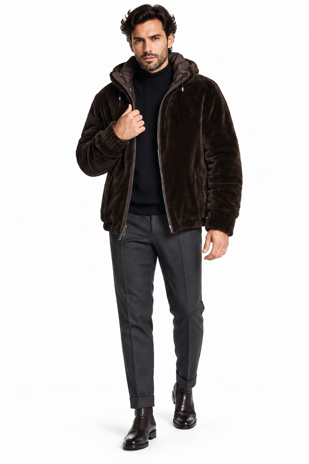 Brown Hooded Mink Fur Jacket