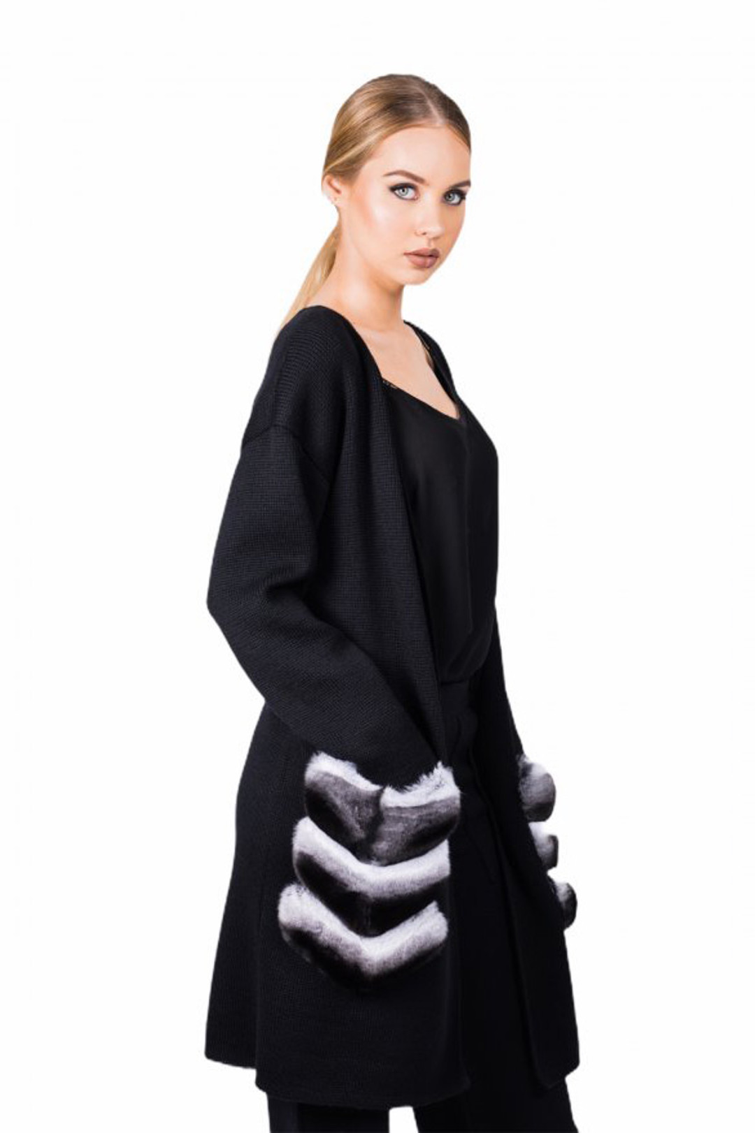 Black Cashmere Coat Chinchilla Pea Pockets 