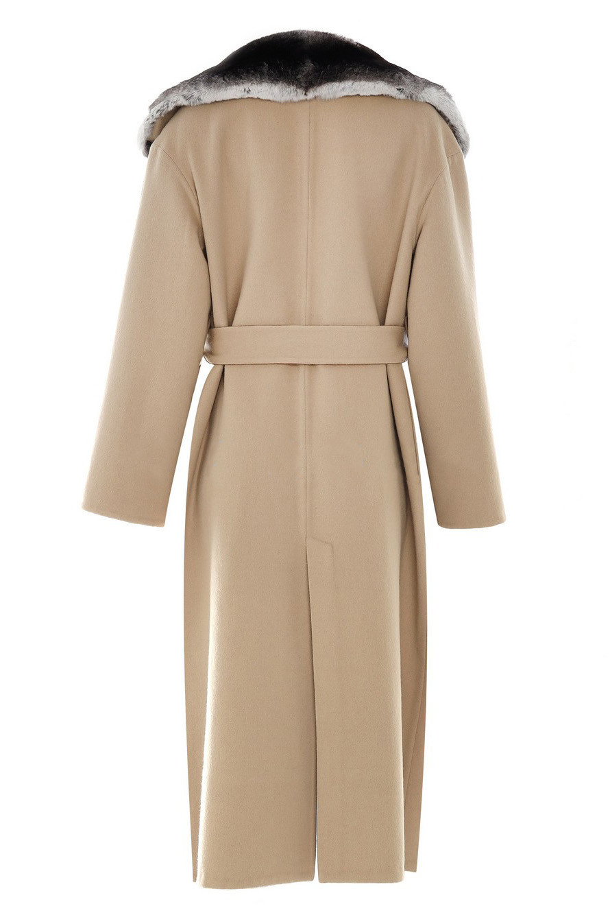 Beige Cashmere Coat Chinchilla Fur Collar Devira