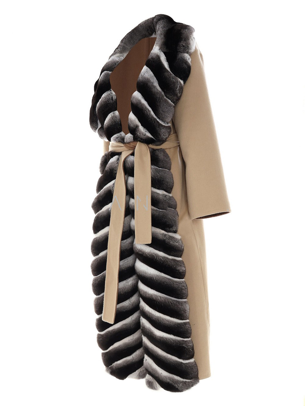 Beige Cashmere Coat Chinchilla Fur Collar Devira