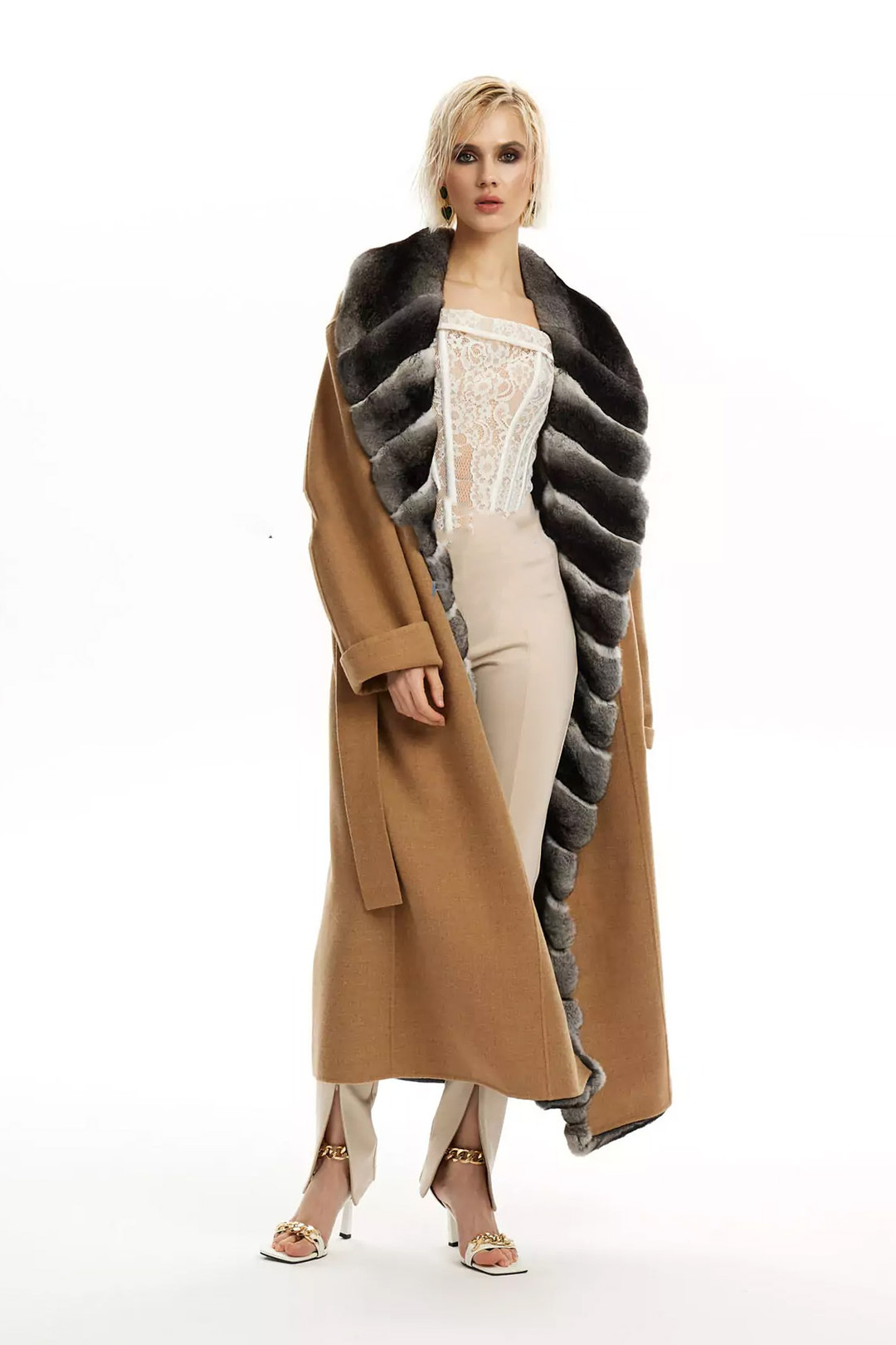 Beige Cashmere Coat Chinchilla Fur Collar Devira