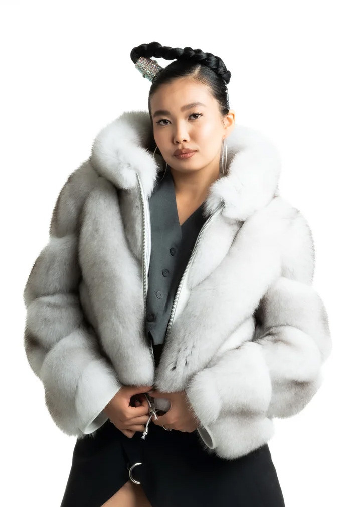 Blue Fox Fur Jacket Hooded Zipper Kiyomi