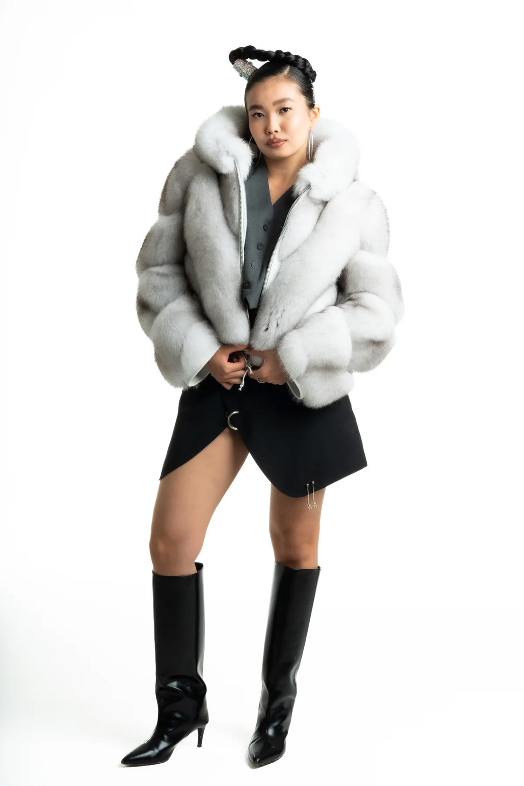 Blue Fox Fur Jacket Hooded Zipper Kiyomi