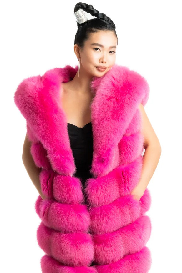 Fuchsia Long Fox Fur Vest Hooded | SKANDINAVIK FUR