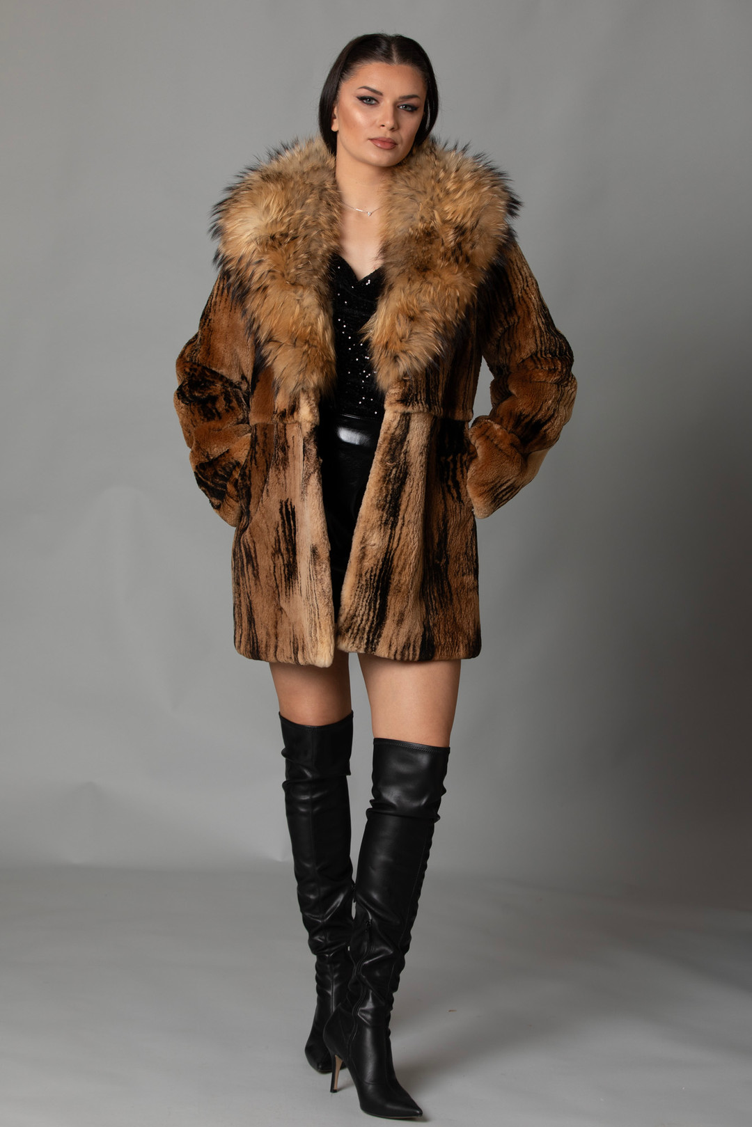 Brown Mink  Coat Fin Raccoon Collar