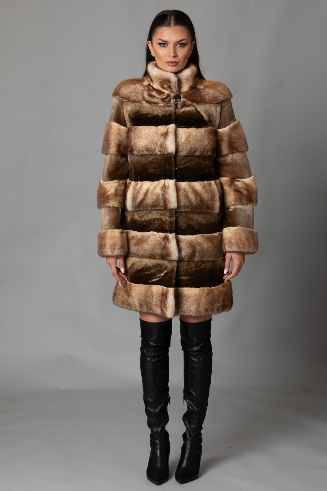 Plucked Mink Fur Coat Coffee Mix
