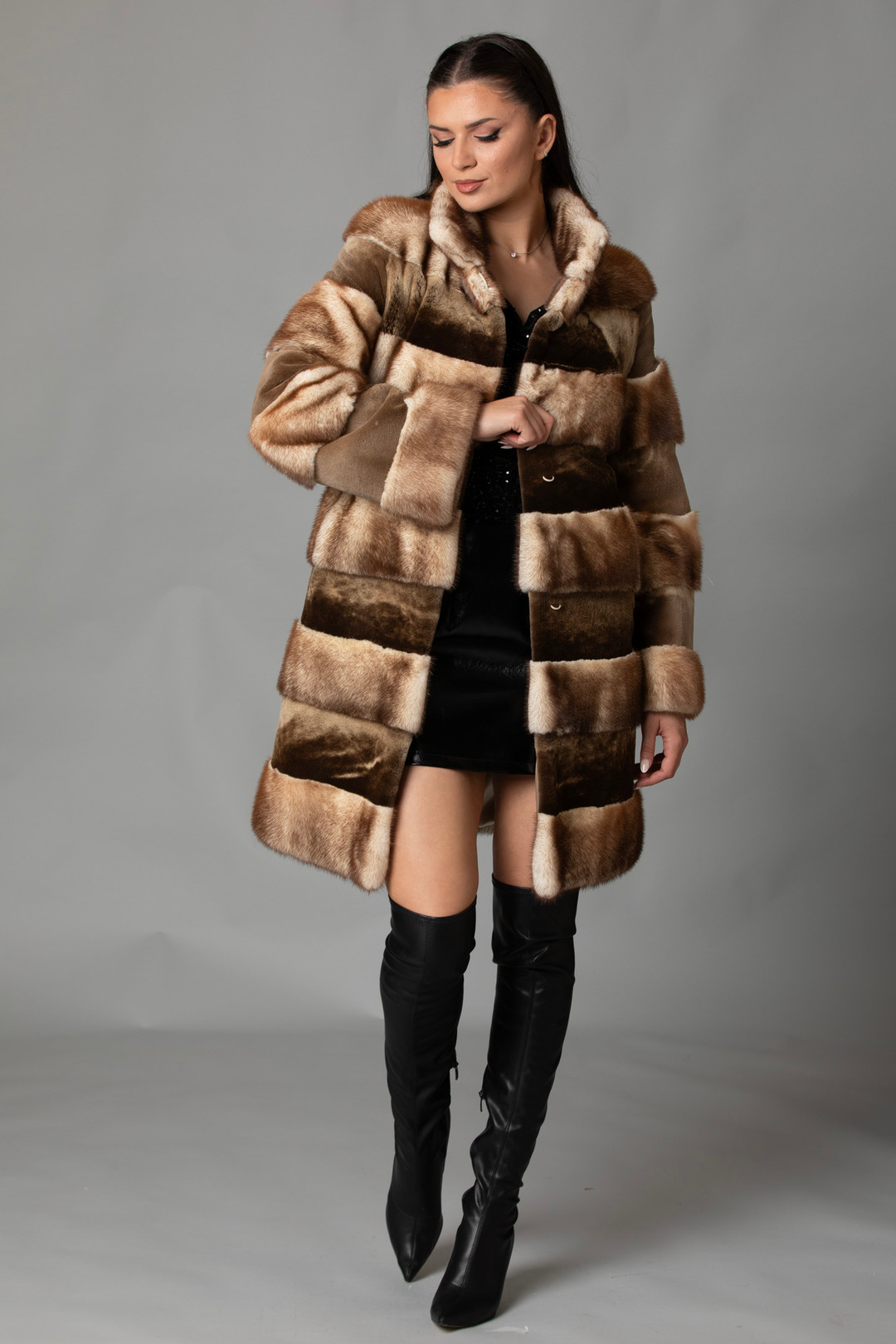 Plucked Mink Fur Coat Coffee Mix