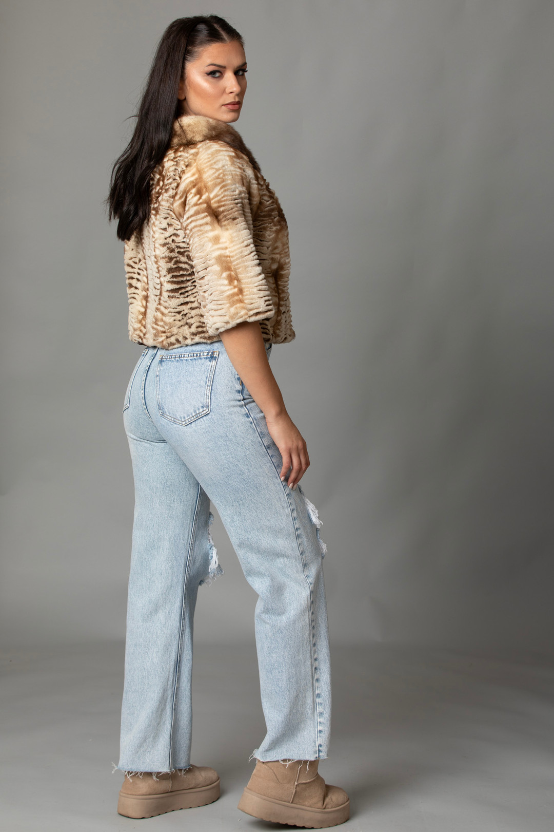 Sculpted Mink Fur Jacket Cropped Sleeves Behati