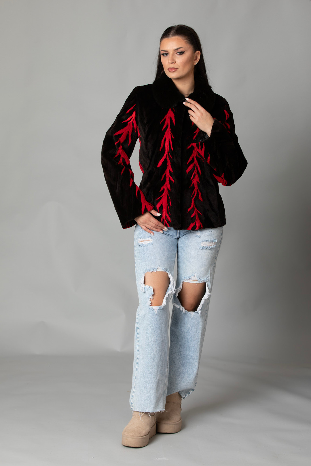 Red Black Mink Fur Jacket