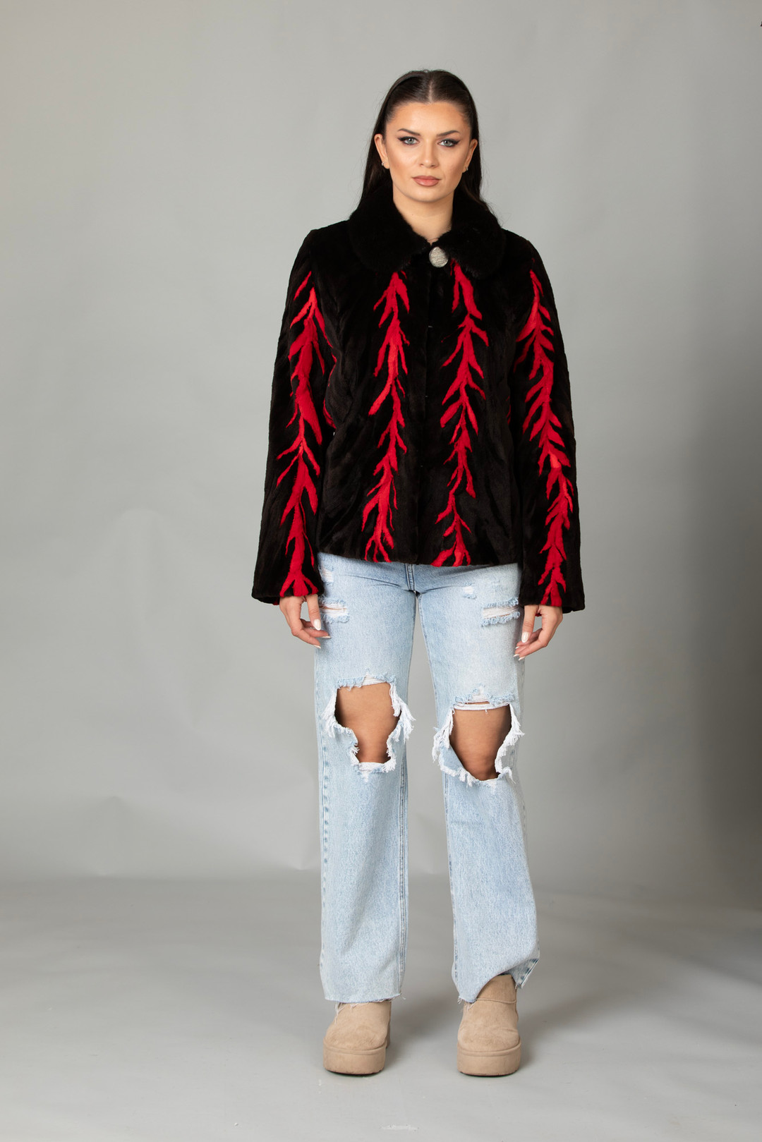 Red Black Mink Fur Jacket
