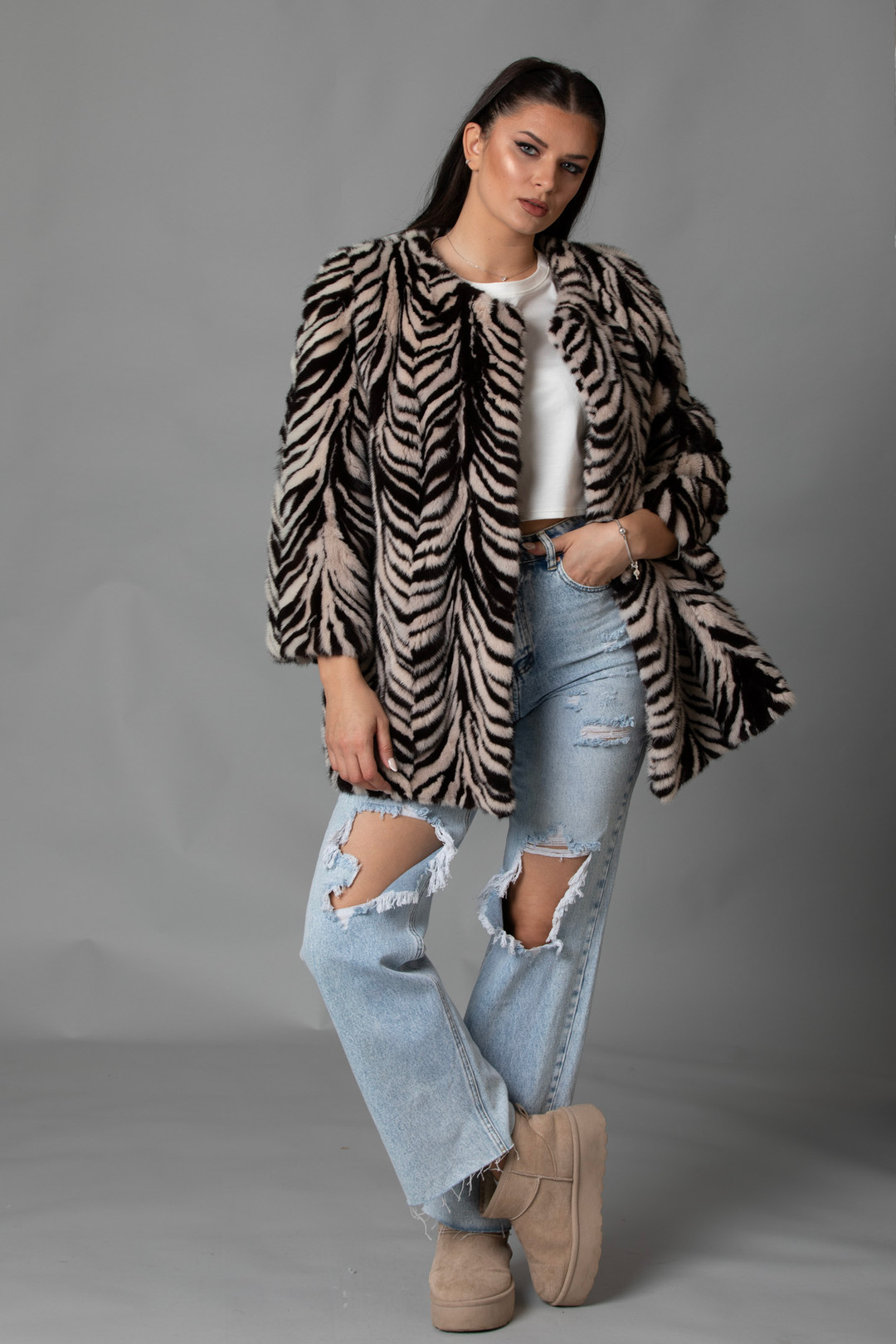 Collarless  Mink Fur Jacket Zebra 