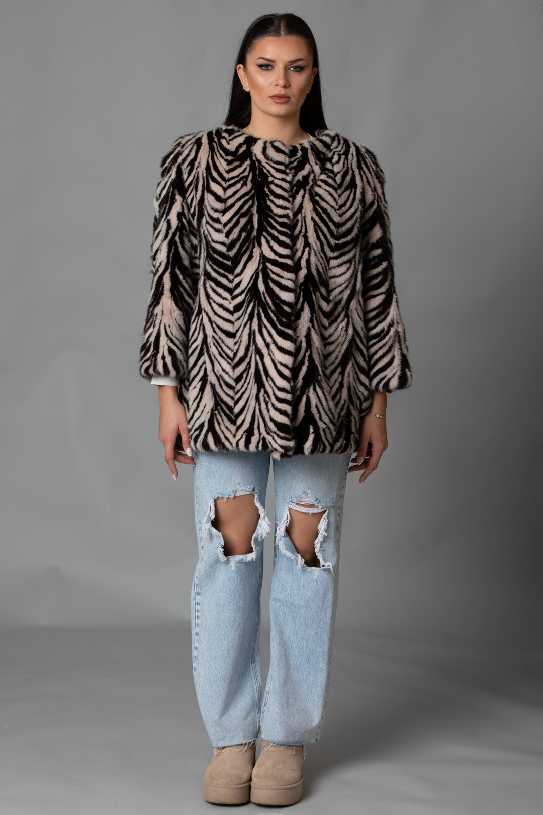 Collarless  Mink Fur Jacket Zebra 
